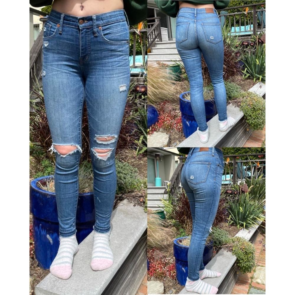 Madewell Skinny Jeans Womens 29 Blue Distressed Denim 9" High Rise Raw Hem‎
